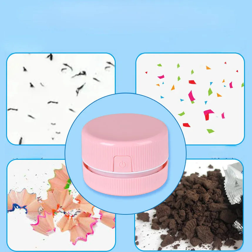 Portable mini desktop vacuum cleaner in blue and pink colour options with rechargeable battery