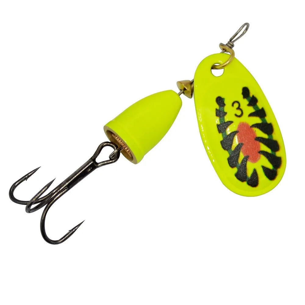 Copper bell fishing lure with rotating sequins in seven colour variations showing gold, red, silver, rose gold, yellow, yellow green, and gold mesh finishes