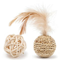 Two-piece cat toy set showing rattan ball and faux feather ball with bell