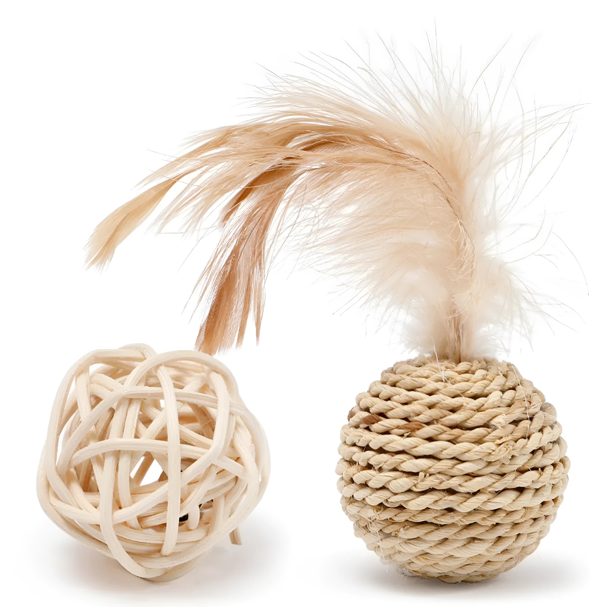 Two-piece cat toy set showing rattan ball and faux feather ball with bell