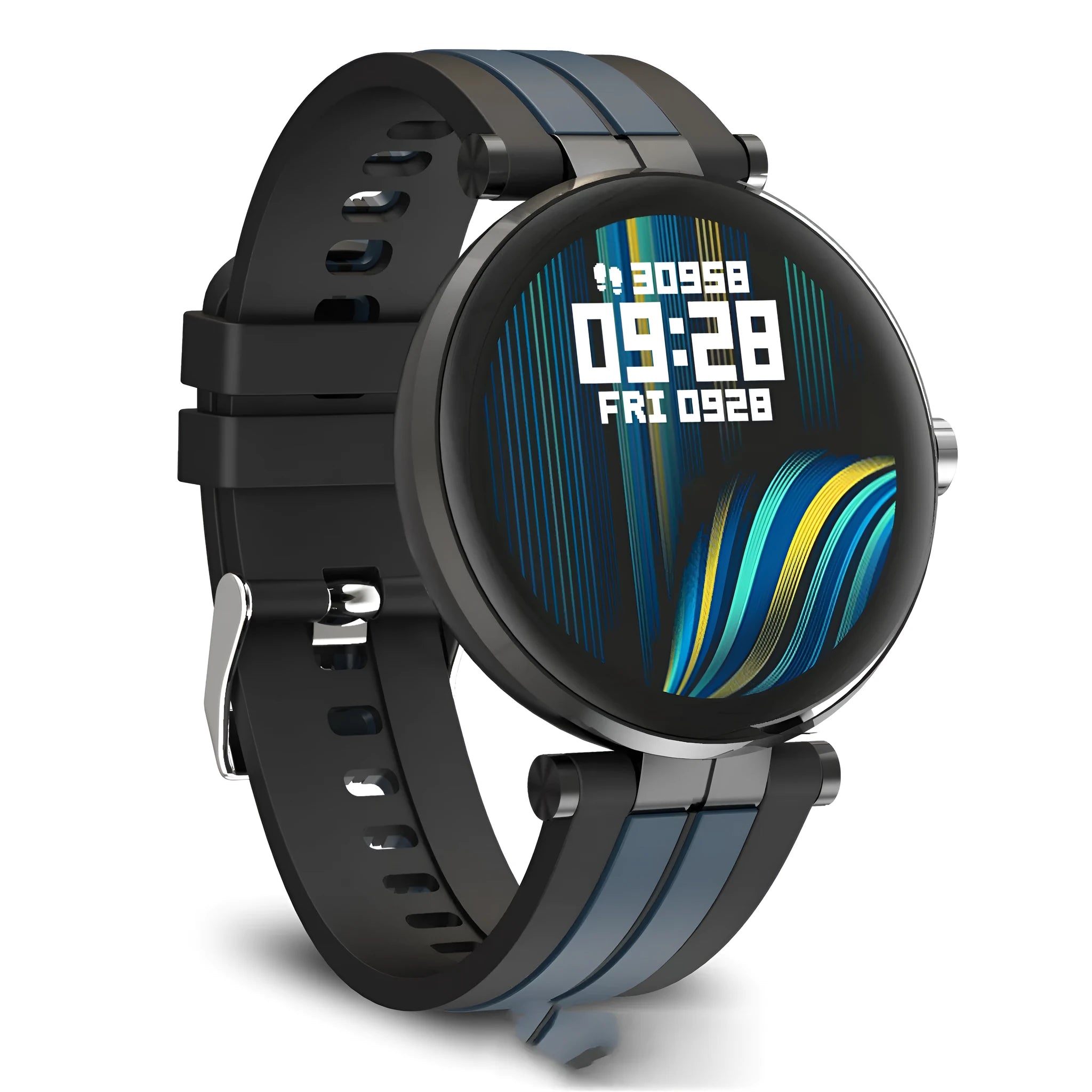 Smart watch with blood pressure monitor on a wrist, showing a black silicone strap and a silver case.
