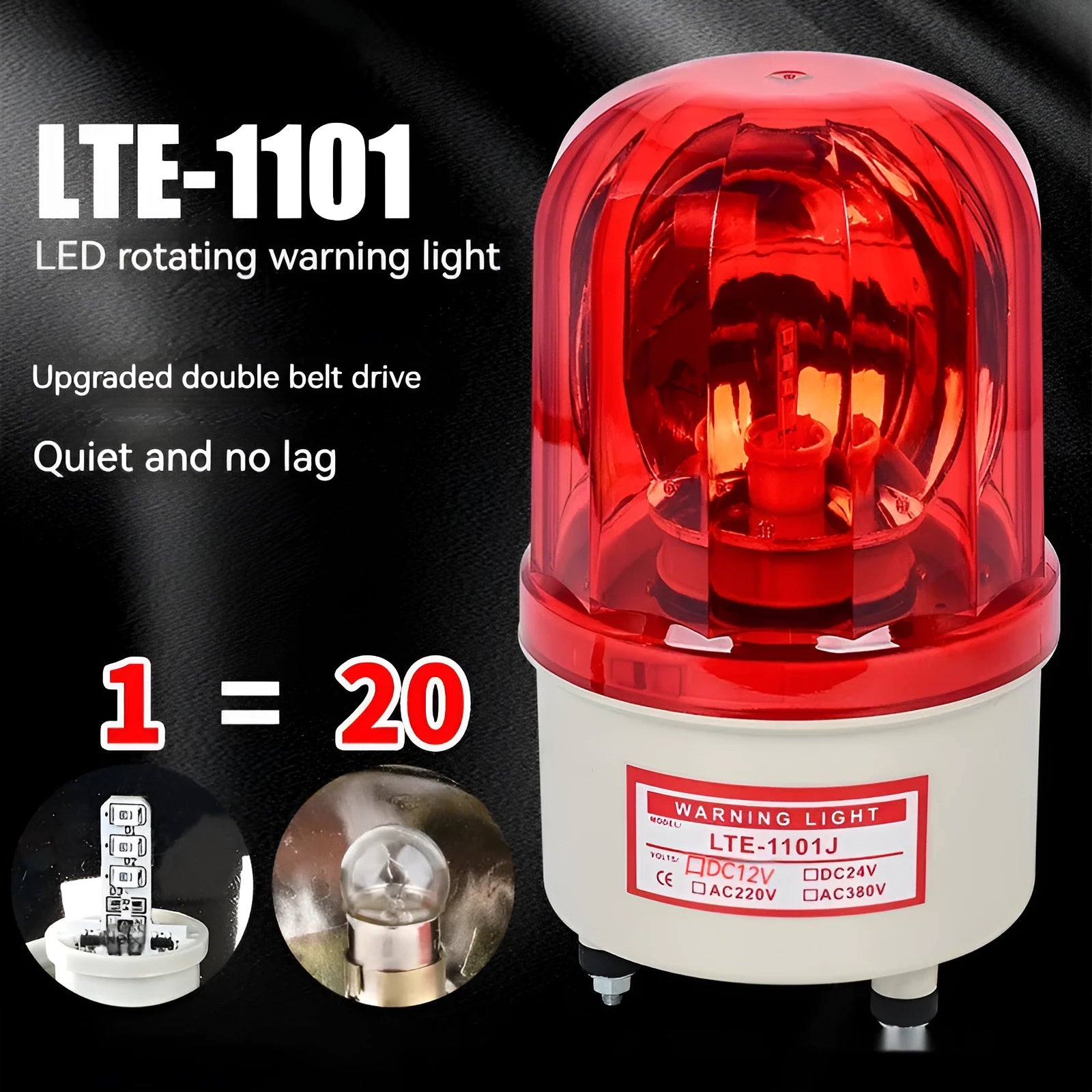 LTE-1101J industrial rotating warning light with coloured lenses and optional sound alarm