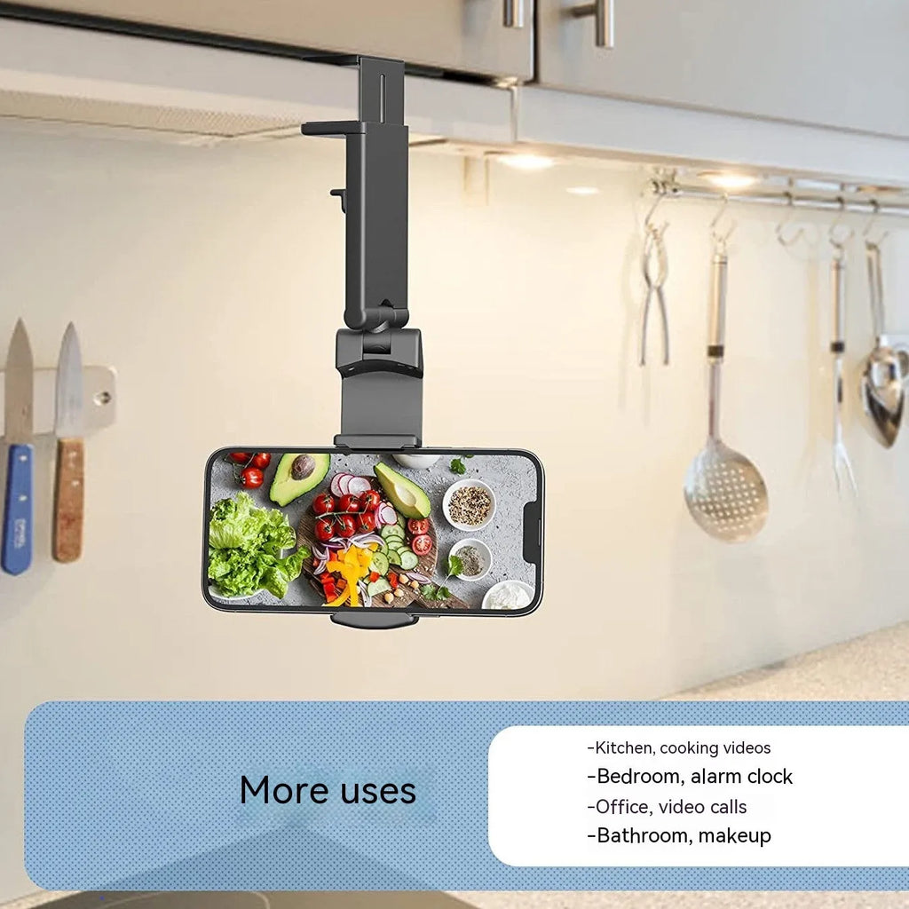 Universal foldable rotating phone holder in black, grey, or green colour on a flat surface, showing its adjustable arm.