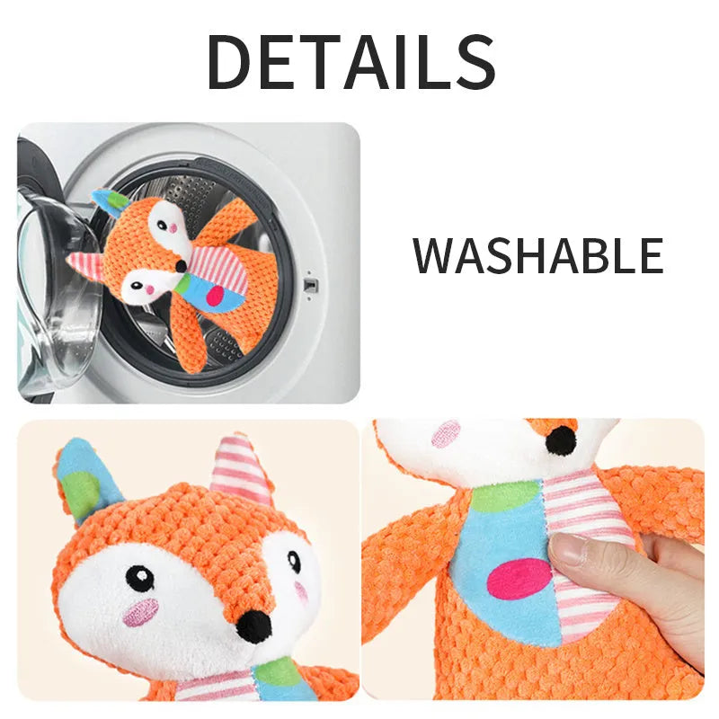 Interactive dog toy with squeaky and crinkly sounds, plush construction, available in Elephant Fox Rabbit styles