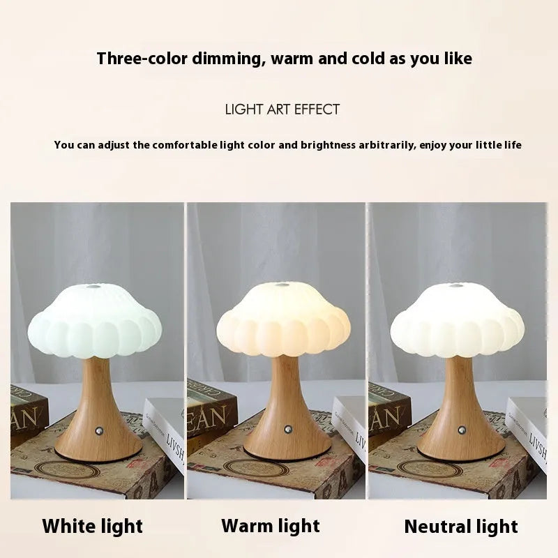 Wood grain mushroom-shaped night light with touch control and USB charging