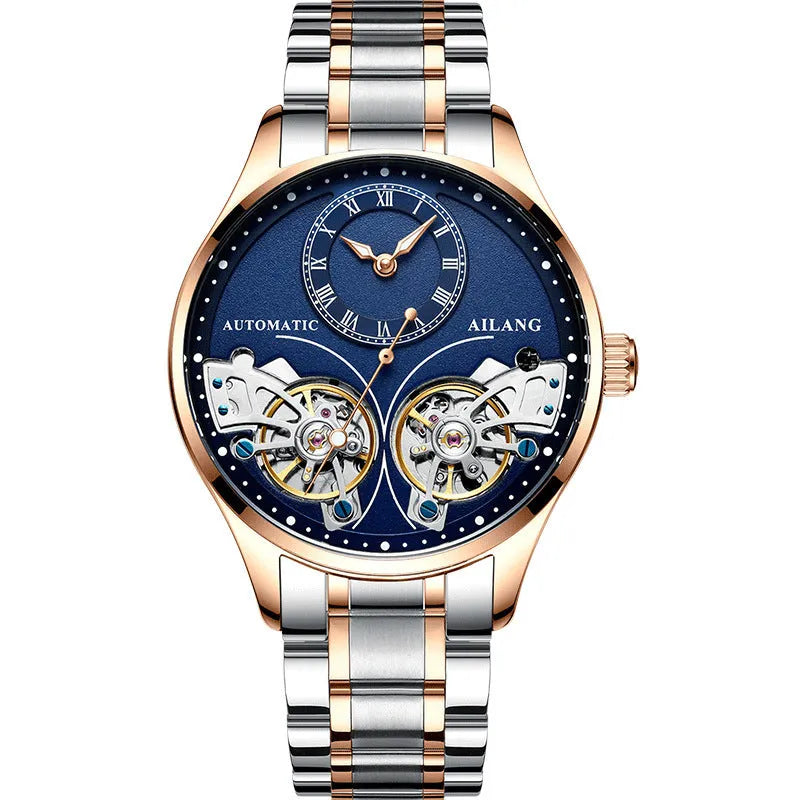 Men's automatic watch with tourbillon and moon phase on a metal case with a black dial.