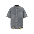 Leopard print denim short sleeve top and shorts set with cut edge stitching in blue.