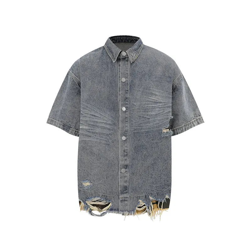 Leopard print denim short sleeve top and shorts set with cut edge stitching in blue.