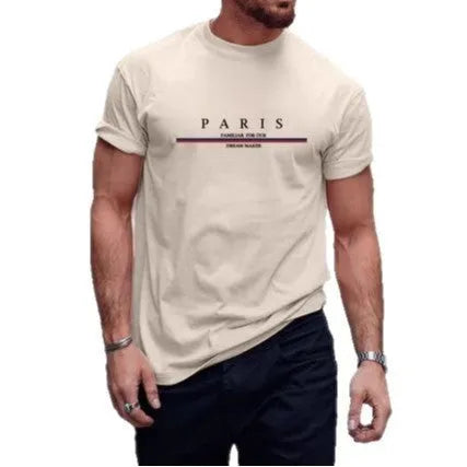 Men's loose-fitting short-sleeved cotton T-shirt with a printed letter design.
