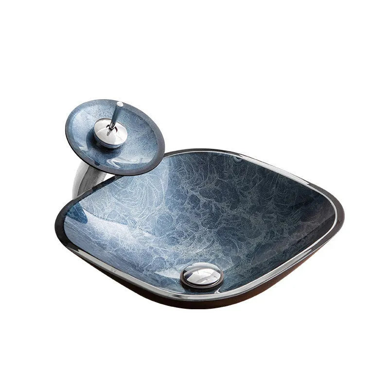 Blue grey tempered glass table basin with simple art design for bathroom installation