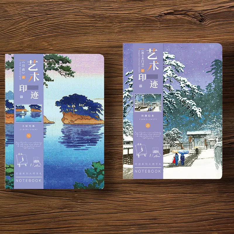 Ukiyo-e series hand ledger notebook open showing retro Japanese wave print cover and lined Daolin paper pages.