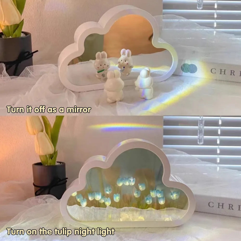 Cloud-shaped tulip night lamp with LED lights and integrated mirror on a table
