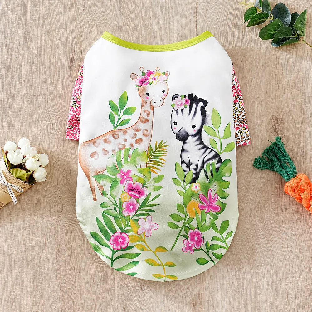 Full printed polyester dog t-shirt in casual style for spring and autumn wear with size chart