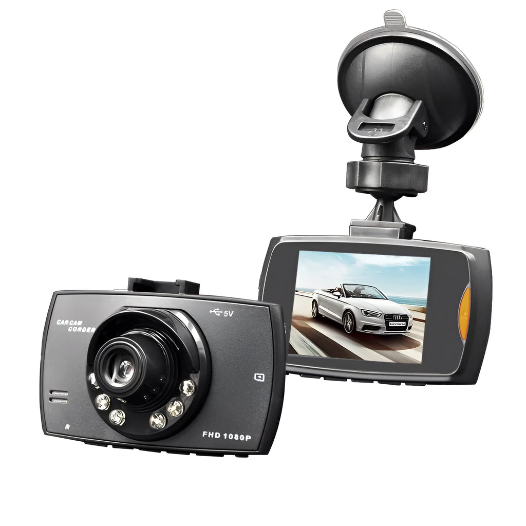 G30 HD dual camera car DVR system with front and rear recording, night vision, and reversing display on dashboard