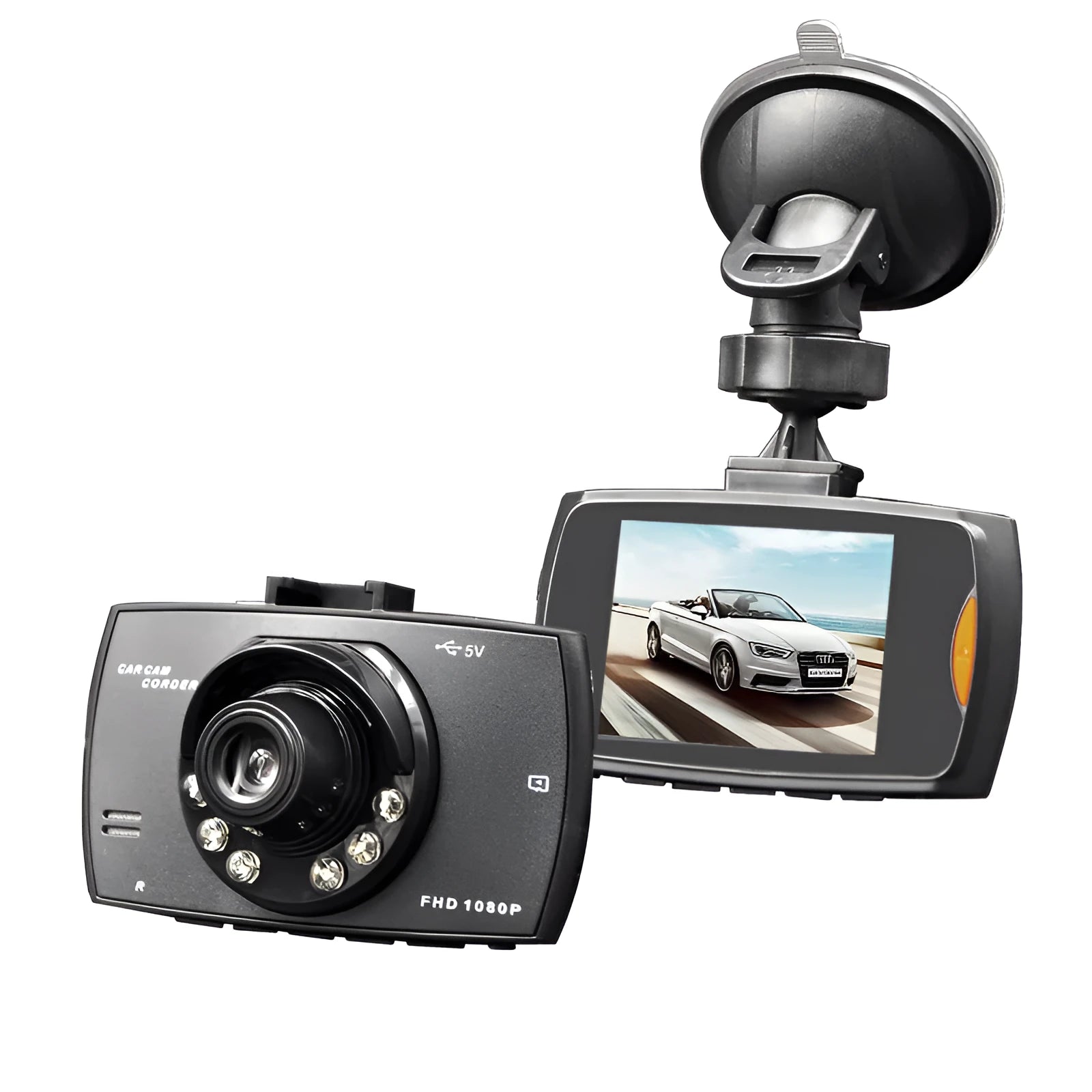 G30 HD dual camera car DVR system with front and rear recording, night vision, and reversing display on dashboard