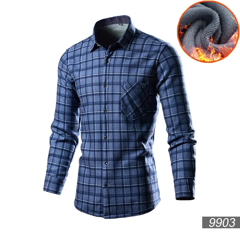 Man wearing a solid-colour fleece-lined cotton blend cardigan shirt in a loose fit.