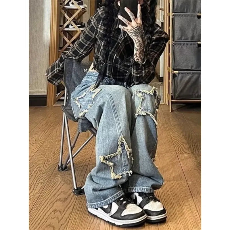 Blue cotton wide-leg denim trousers with high waist and straight-leg cut