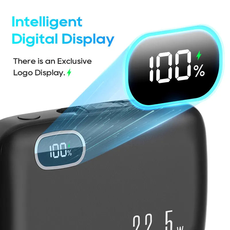 PD22.5W fast charging power bank with digital display and cable, 10000mAh, black plastic shell