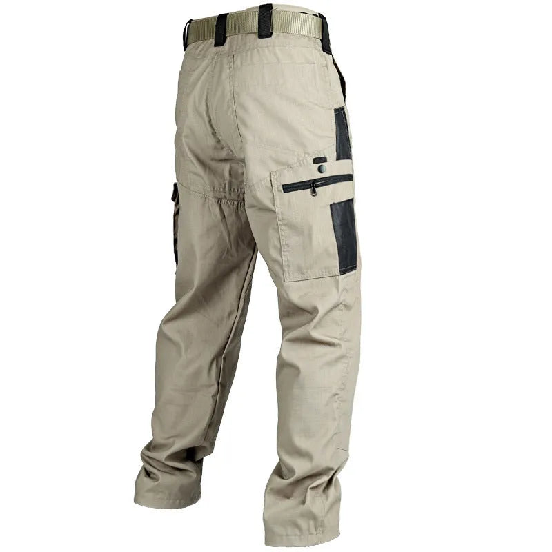 Men's multi-pocket water repellent outdoor trousers in army green, front view showing pockets and fabric texture