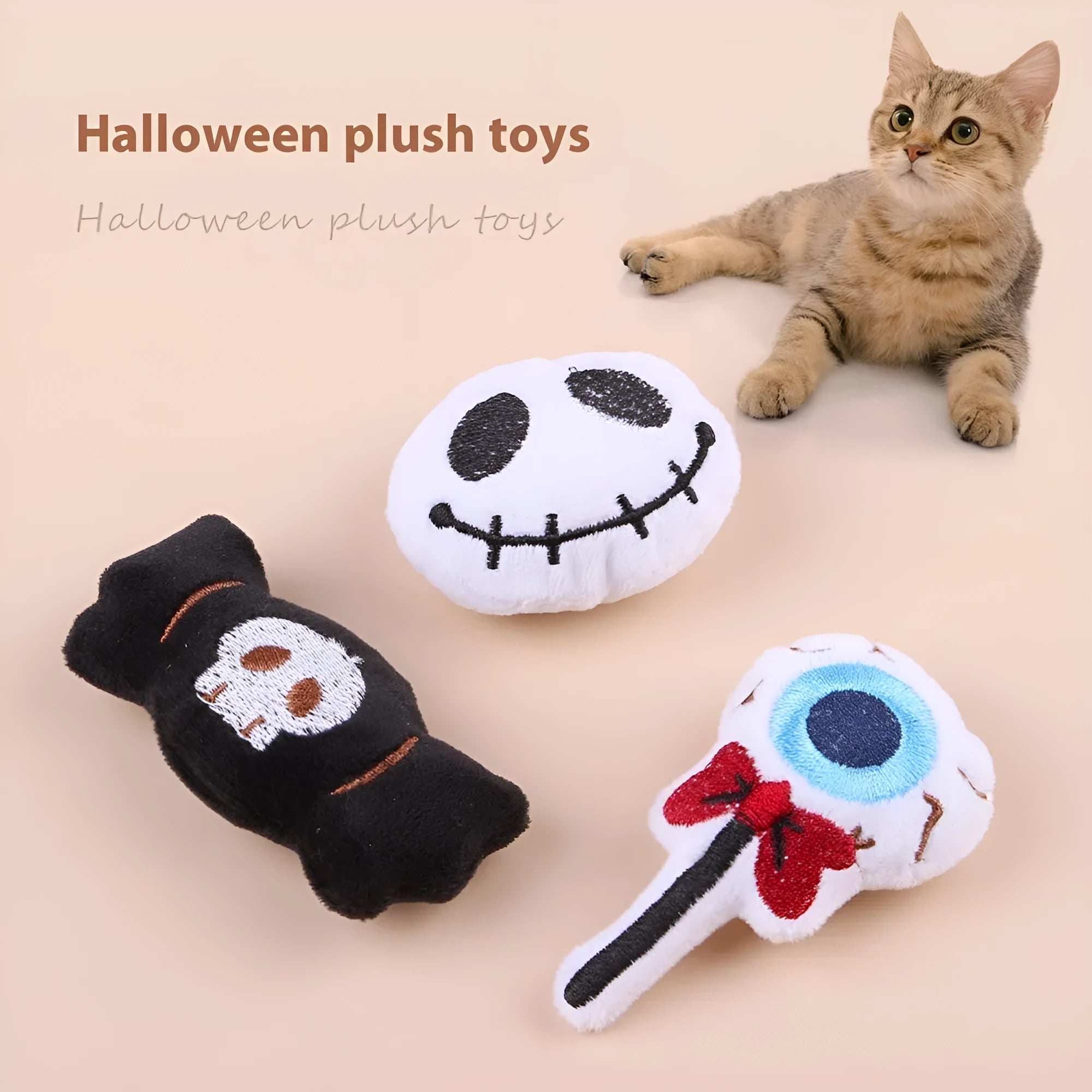 Plush cat teaser wand with colourful candy design on small wand for indoor pet play