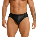 Men's black faux leather briefs with decorative stitching and lace trim