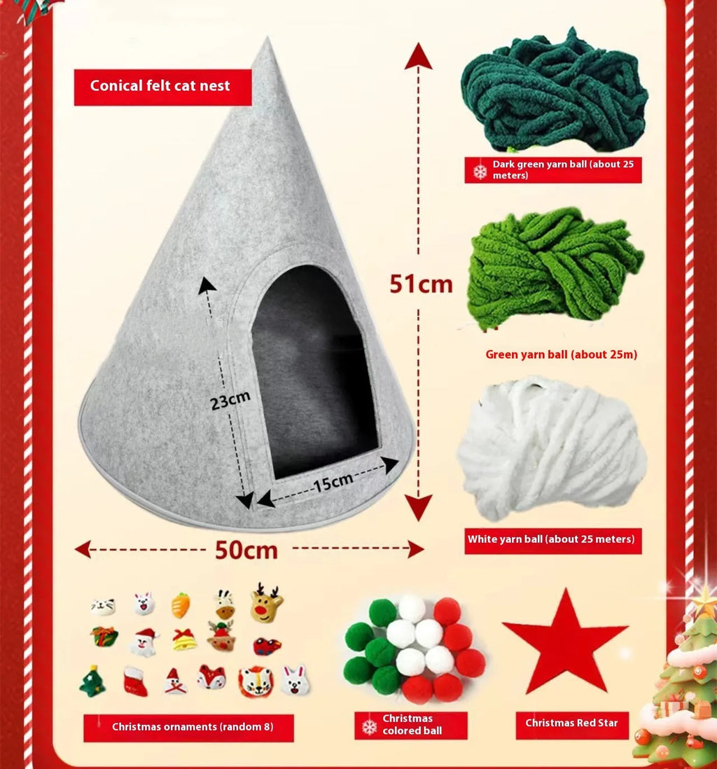 Grey cone-shaped felt cat house with tent-style enclosed design for indoor use