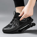 Black mid-top running shoes with buckle fastening and mesh upper design