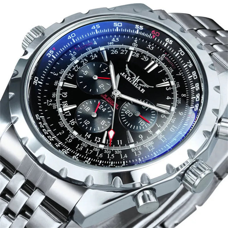 Men's mechanical watch with hollow dial, large face, steel band white face, 16mm thickness