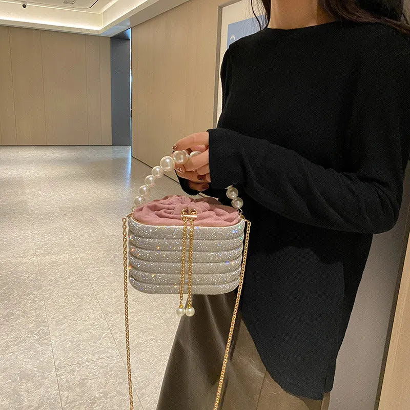 Women's retro crossbody dinner bag with pearl bead detailing in soft PU material