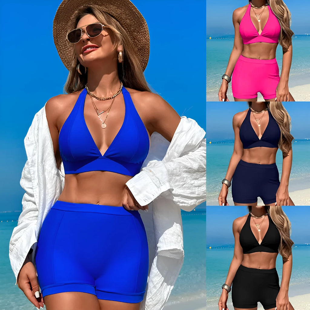 Women's black nylon split bikini swimsuit with polyester lining on a mannequin.
