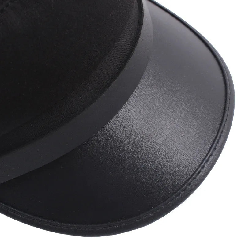 Navy imitation leather flat brim peaked cap with dome crown on white background