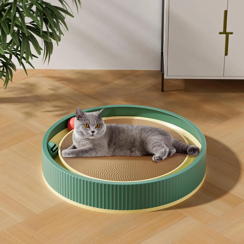 Large green cat scratching board with moving balls and spring plush toy, 45cm diameter