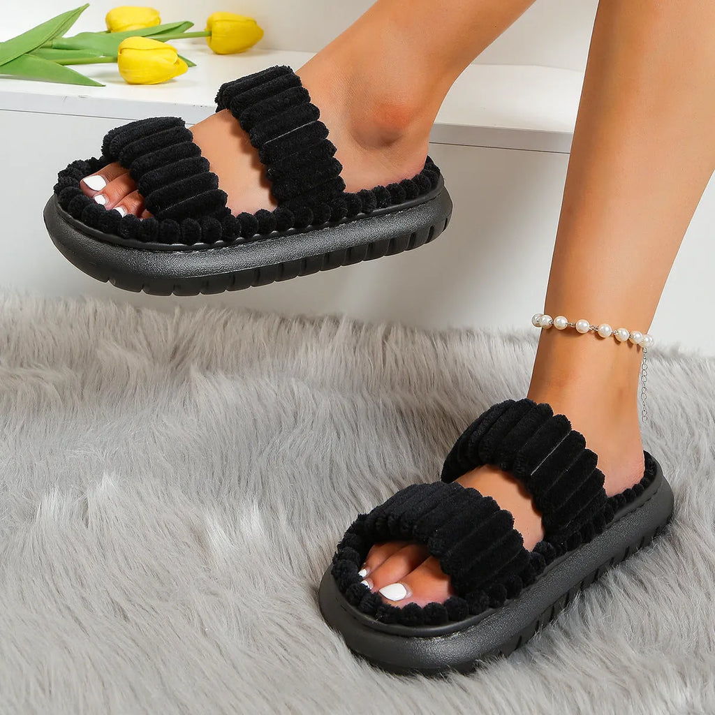 Women's cotton slippers with plush sheepskin suede upper, hollow out design, EVA sole, in black yellow pink white, sizes 36-43