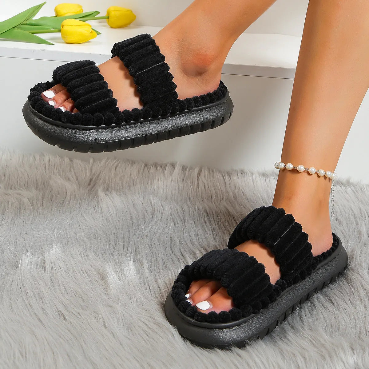 Women's cotton slippers with plush sheepskin suede upper, hollow out design, EVA sole, in black yellow pink white, sizes 36-43