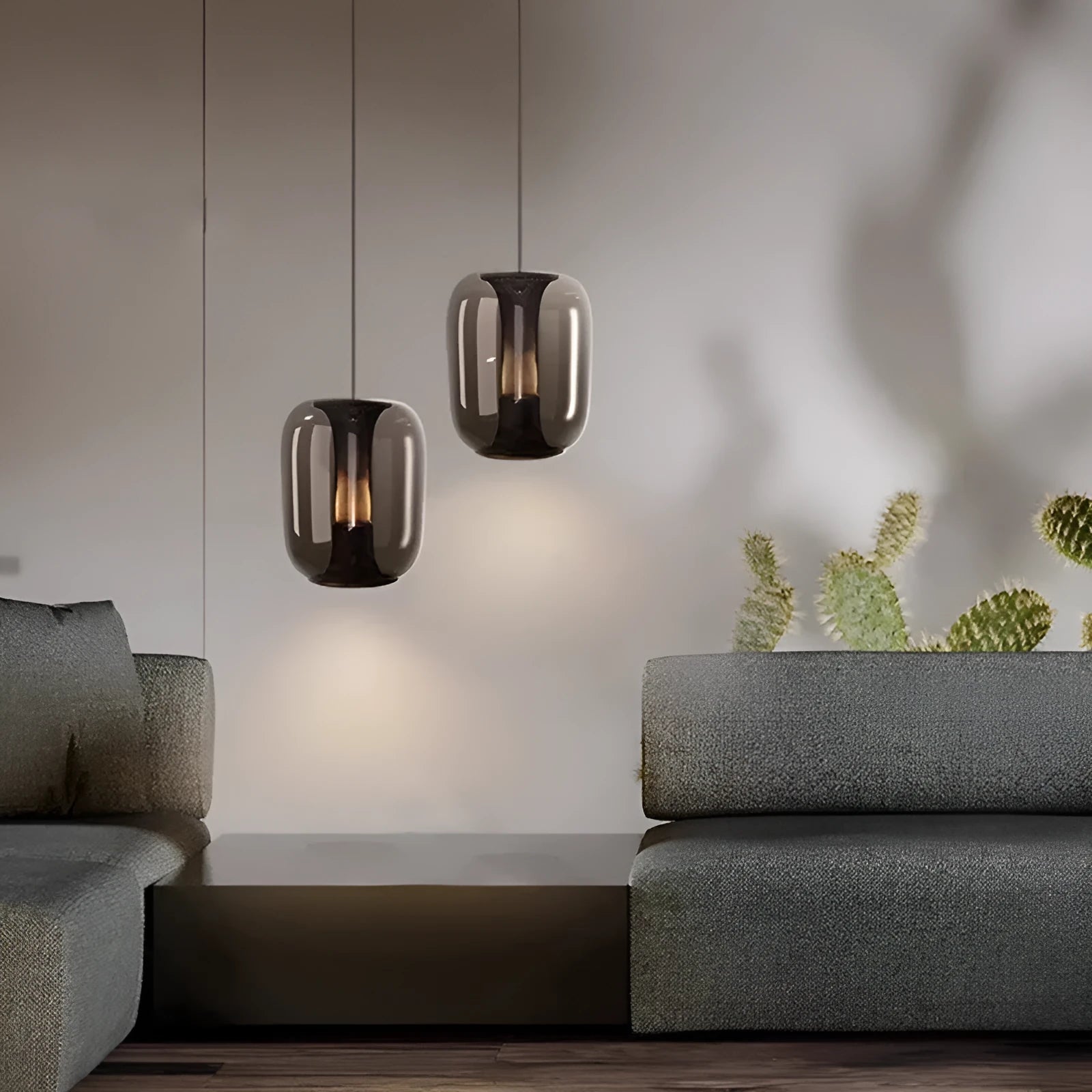 Nordic minimalist glass chandelier pendant light in clear, cognac, or smoky grey colour options