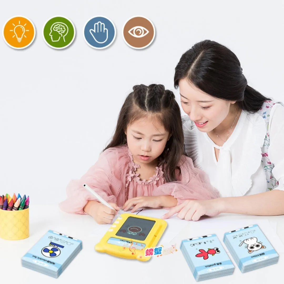 Yellow ABS plastic early learning machine with creative stick figure design and educational cards