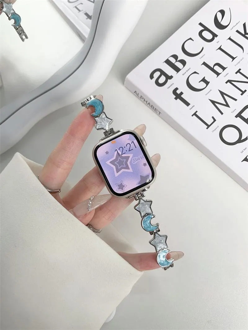 Metal chain strap for Apple iWatch Xingyue style snap button closure blue silver colours
