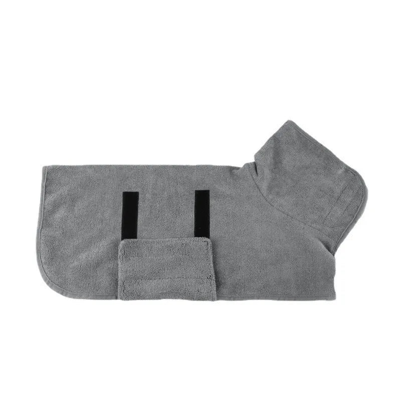 Nylon dog robe cat bath towel in grey with orange edge trim, available in five sizes from XS to XL