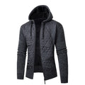 Men's gray hooded sweater coat with cinched waist in wool corduroy fabric