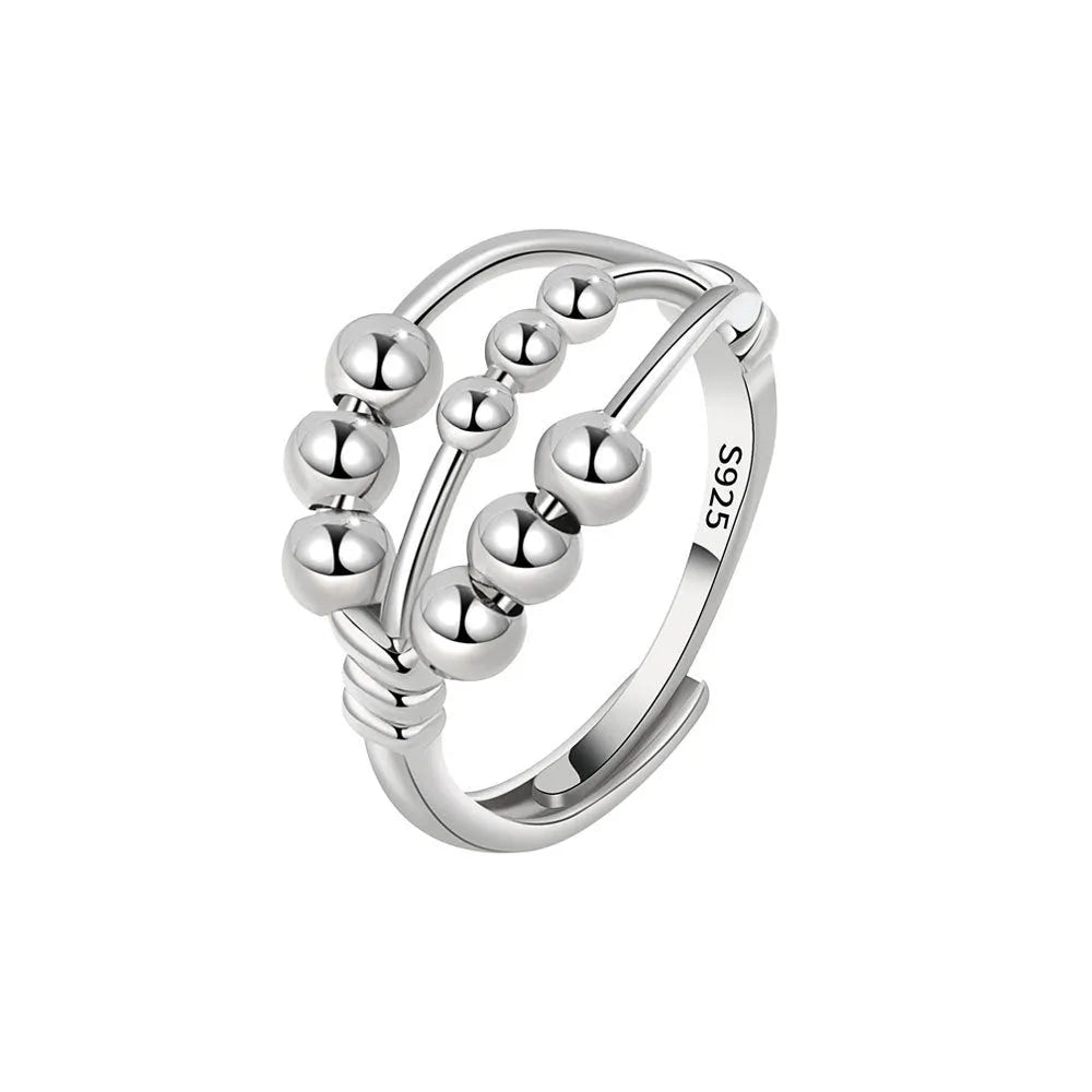 Adjustable open ring in white gold colour with three-layer beaded geometric design and copper electroplated finish