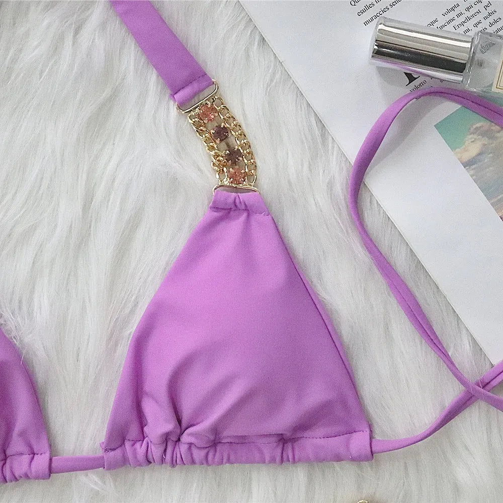 Rhinestone metal accessories pure colour bikini set for women in purple with nylon lining