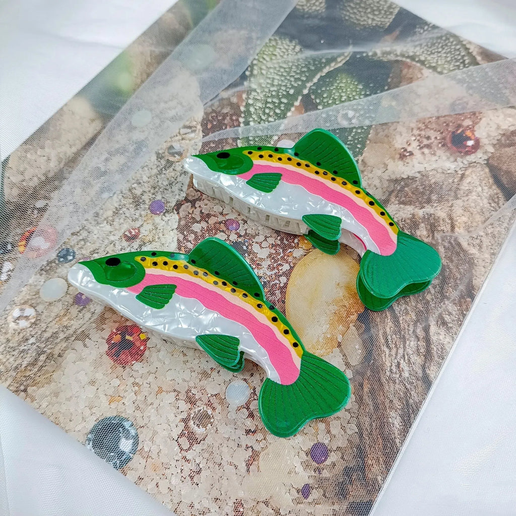 Dark green PVC hair clip with rainbow trout design and carp decorative elements