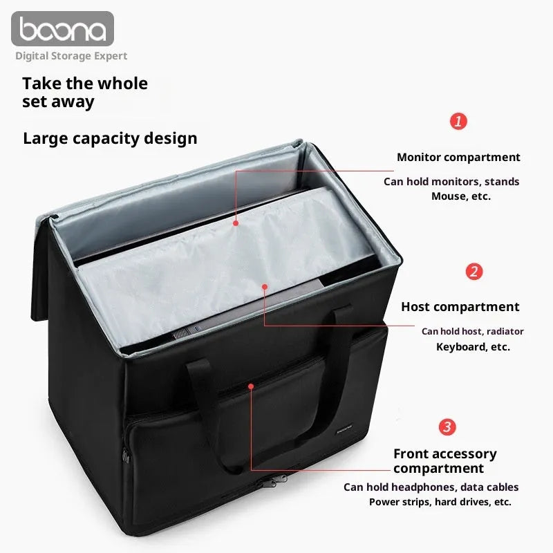 Black Oxford cloth desktop computer host storage bag with 30kg capacity for PC tower and 27-inch display