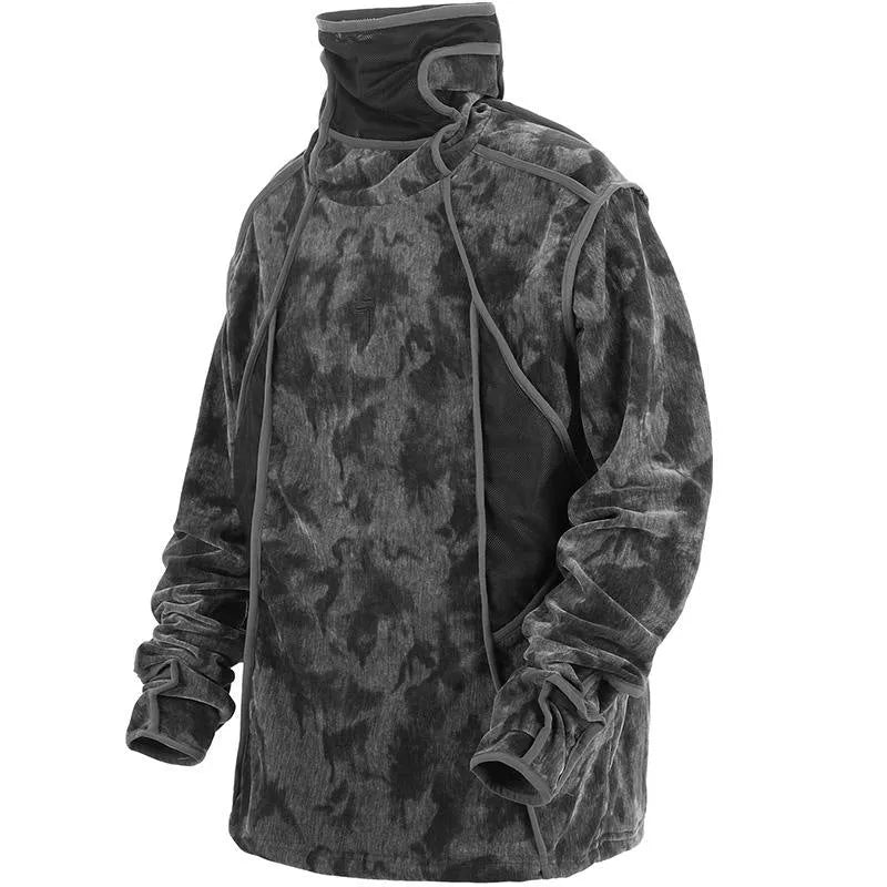 Men's black tie dye sweater with finger turtleneck collar and drop-shoulder sleeves