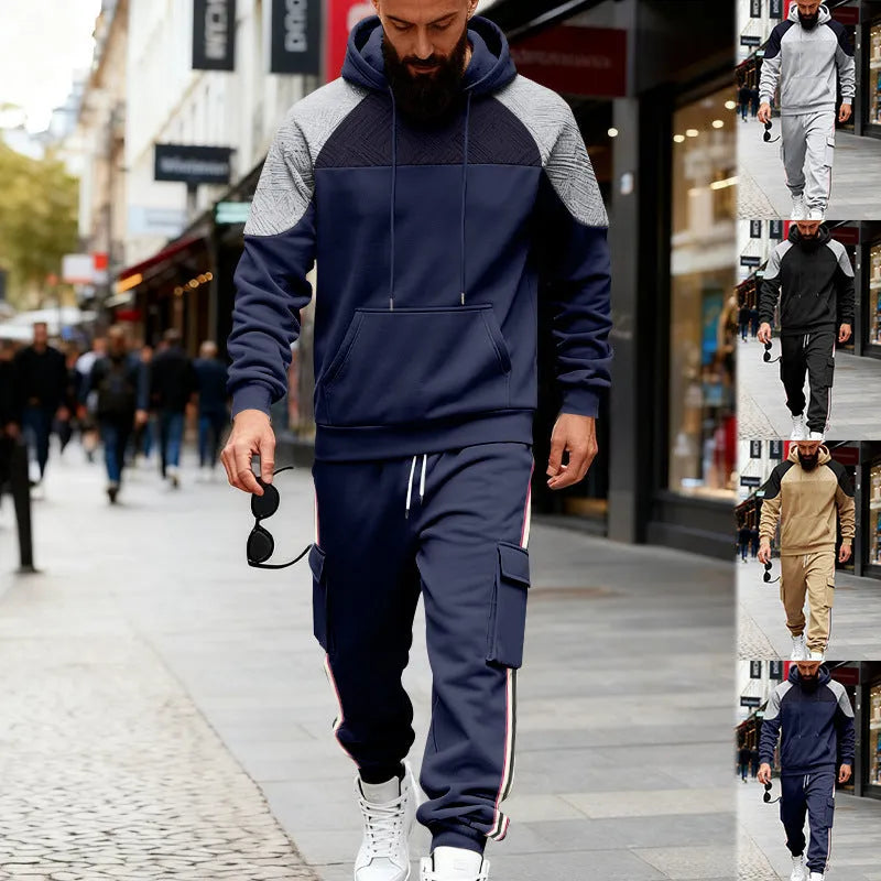 Loose colour-block textured hoodie and sweatpants casual set in black with hood and long sleeves
