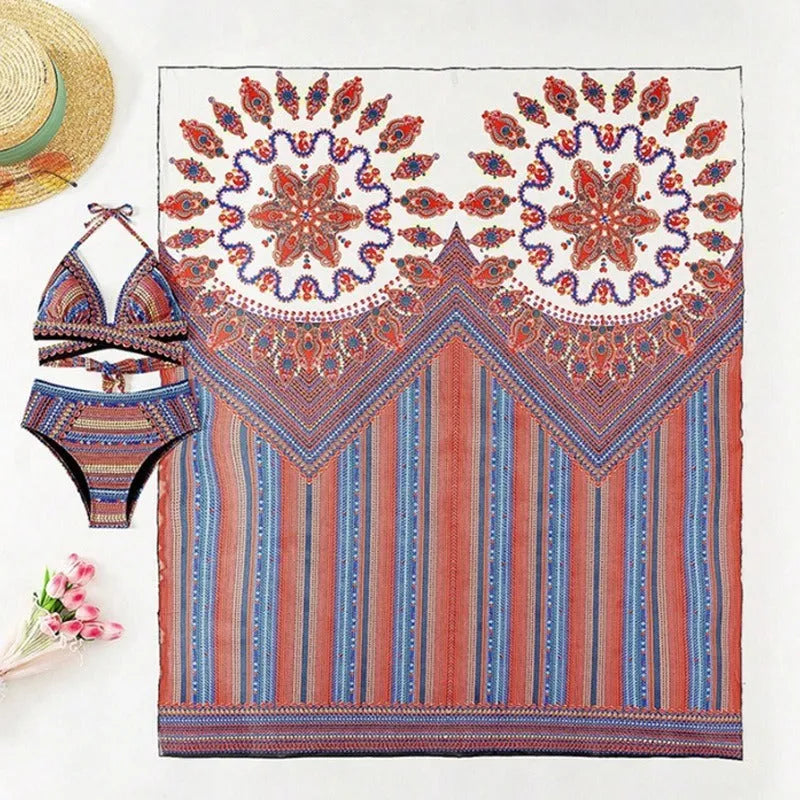 Women's three-piece swimsuit set showing high-waisted bikini bottom, cutout blouse, and matching cover-up coat in a printed design.