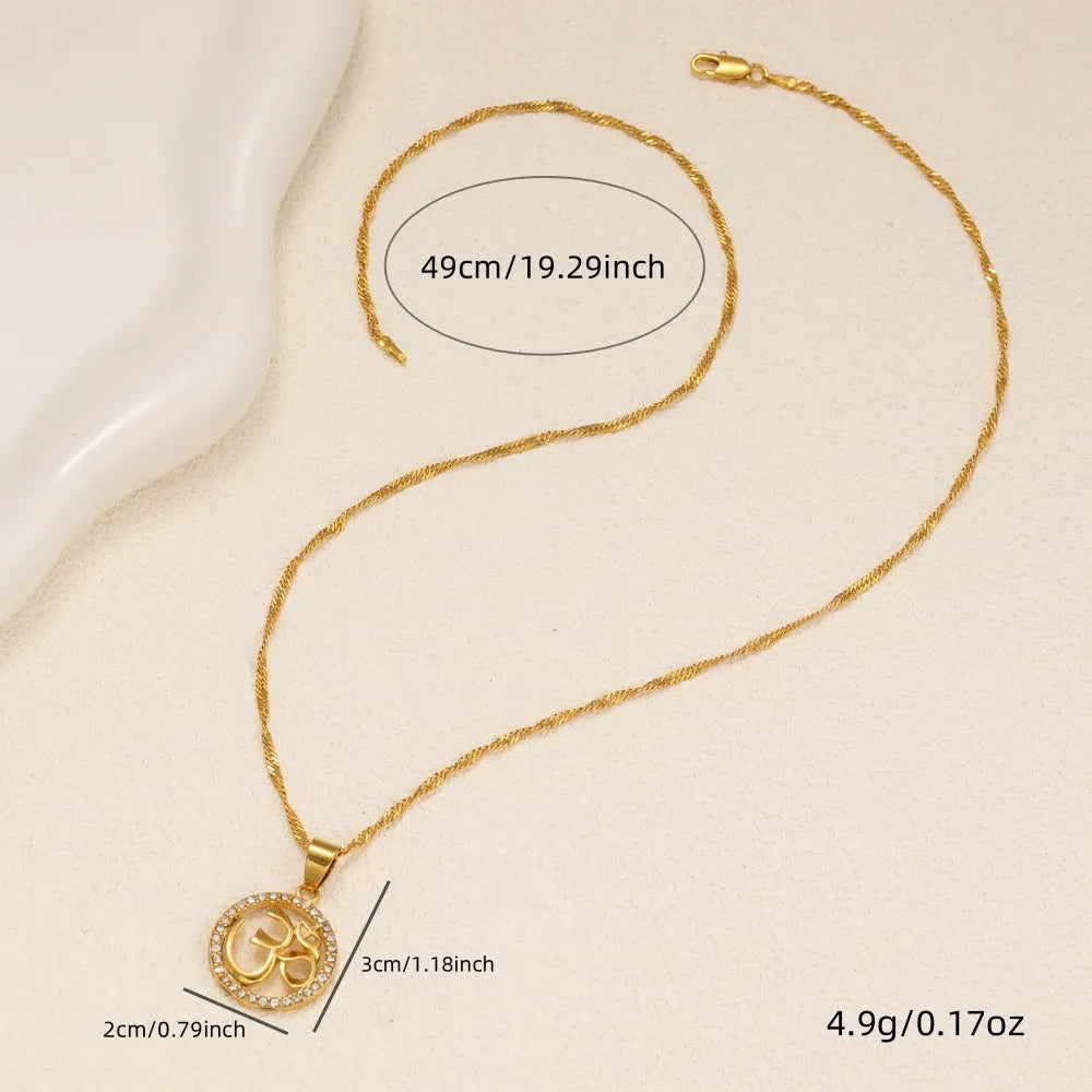 Gold plated copper circular pendant necklace with diamond edge inlay and OM symbol