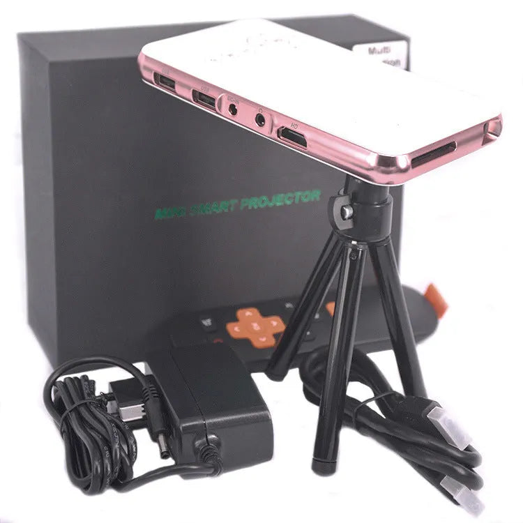 White and rose gold M6S miniature Android projector showing compact dimensions and DLP lens