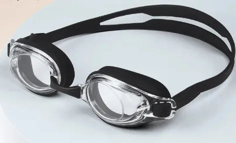 Black myopia swimming glasses with adjustable strap and protective case.