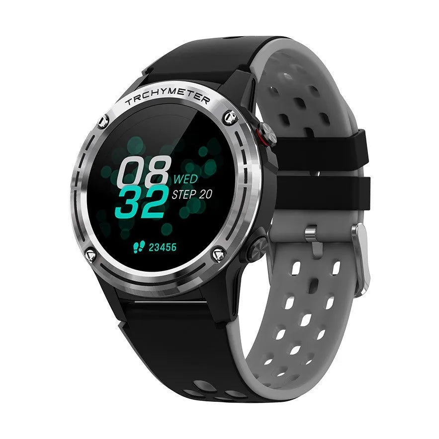 GPS smart watch with silicone sports bracelet in multiple colour options showing tempered glass screen